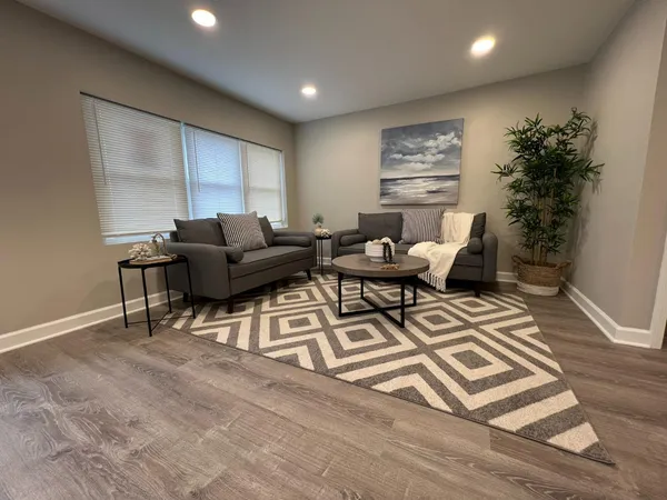 a living room with furniture and a potted plant