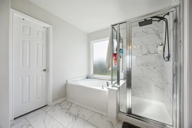 a bathroom with a bathtub and a shower
