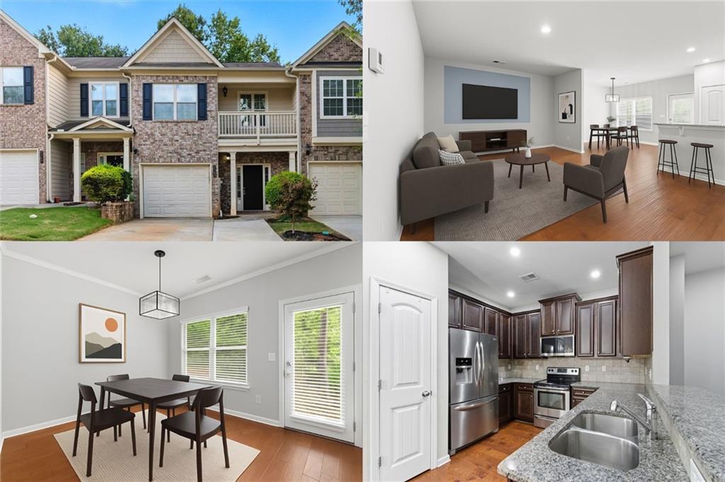 a view of kitchen with stainless steel appliances granite countertop a table and chairs in it