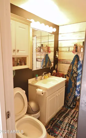 a bathroom with a toilet sink and mirror