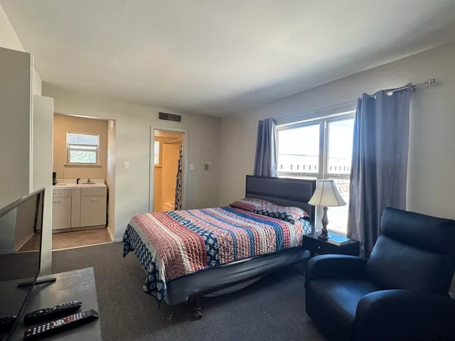 a bedroom with a bed and a couch