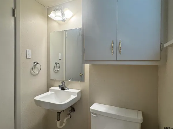 a bathroom with a sink a toilet and mirror