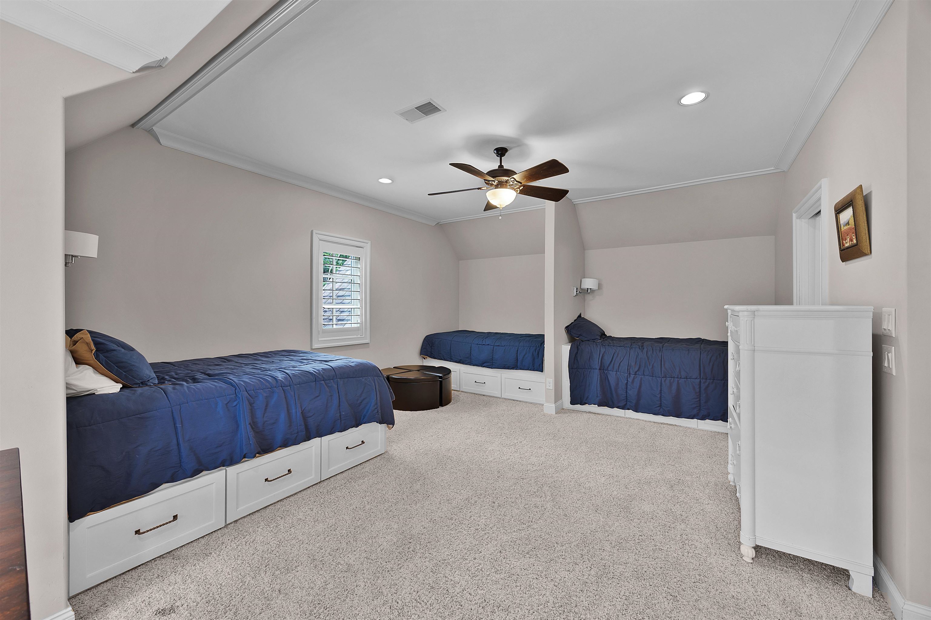 25 Caney Hollow Road Counce, TN 38326 - Photo 33 of 40 Bedroom with crown molding, carpet flooring, vaulted ceiling, recessed lighting, and ceiling fan