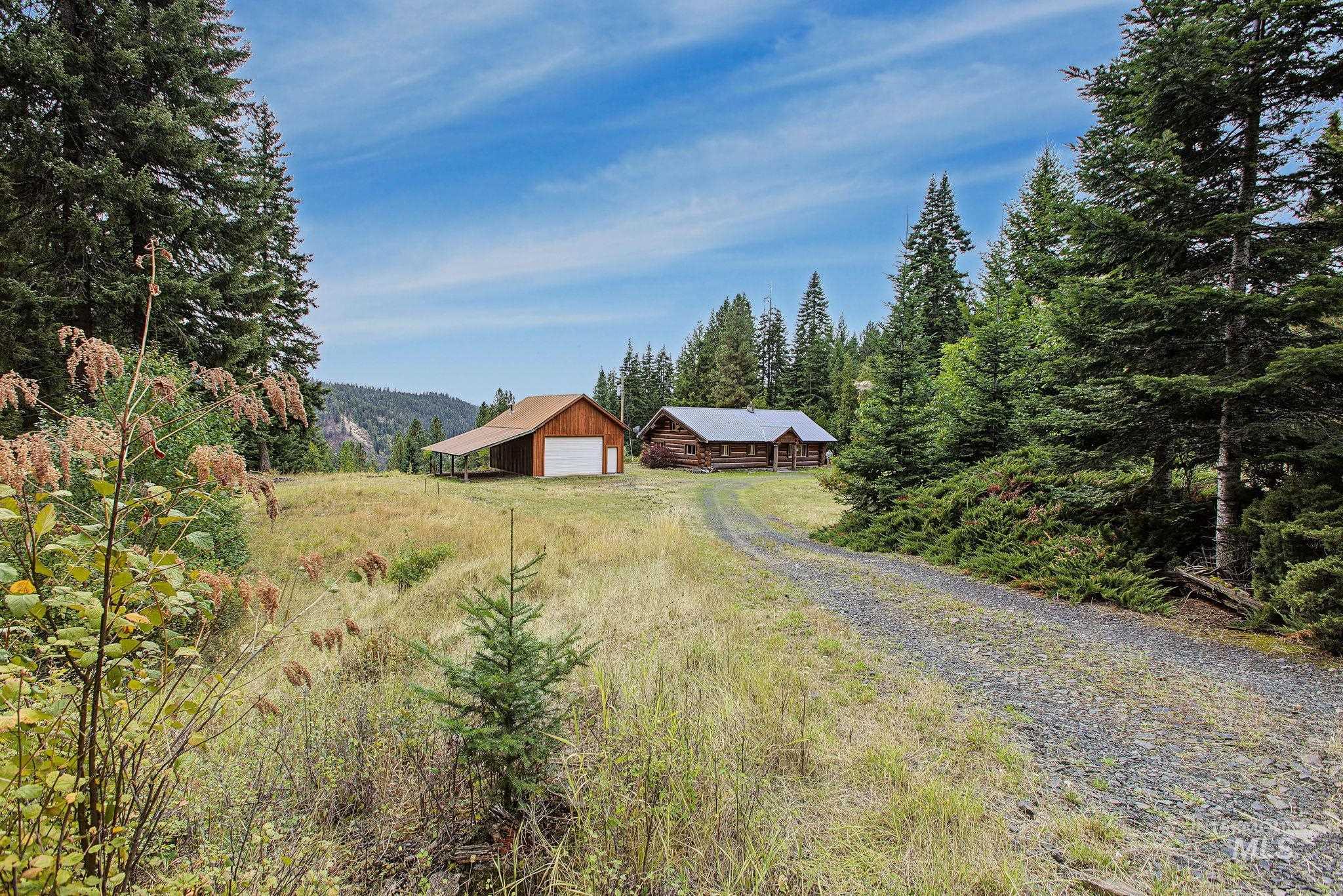 Gravel driveway leading to a log home and an additional structure with an attached covered area, surrounded by extensive natural landscaping and mature trees