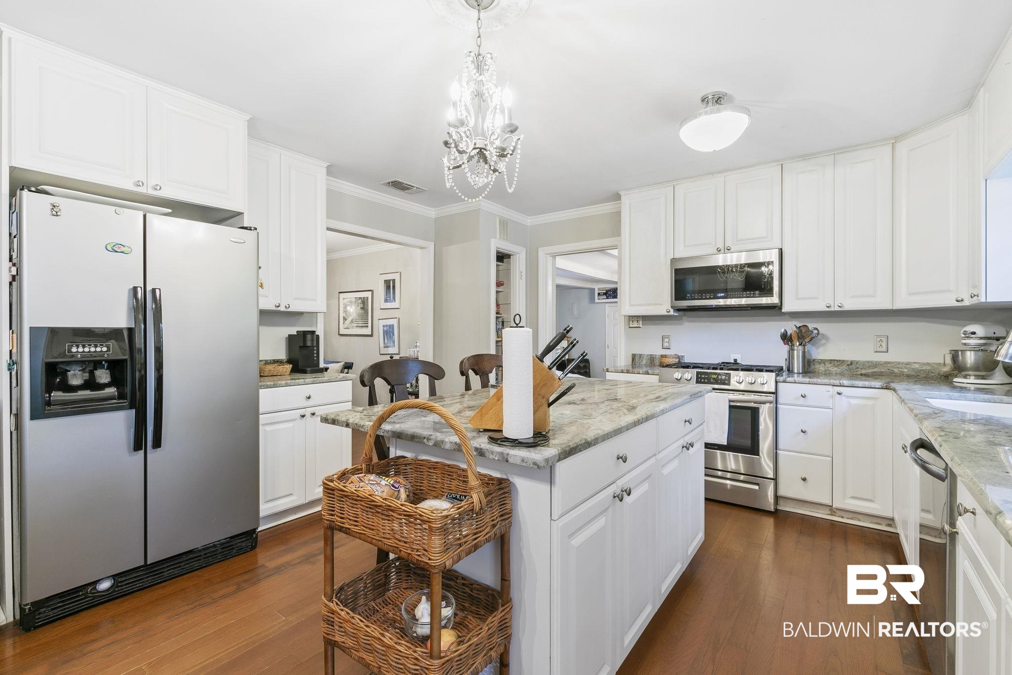 599 Hancock Road Fairhope, AL 36532 - Photo 6 of 23 Kitchen featuring white cabinets, dark hardwood / wood-style floors, a center island, and appliances with stainless steel finishes
