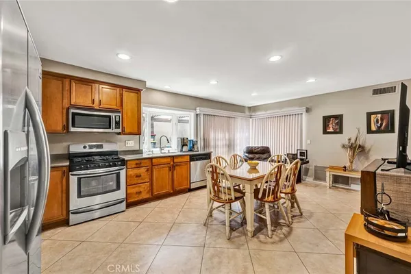a view of a dining room with furniture