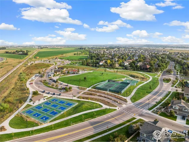 an aerial view of a swimming pool