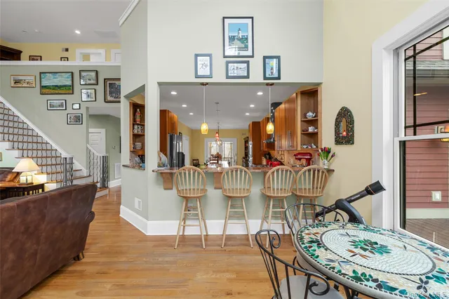 a view of a dining room with furniture