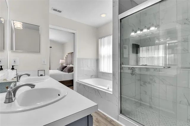 a bathroom with a sink and a mirror