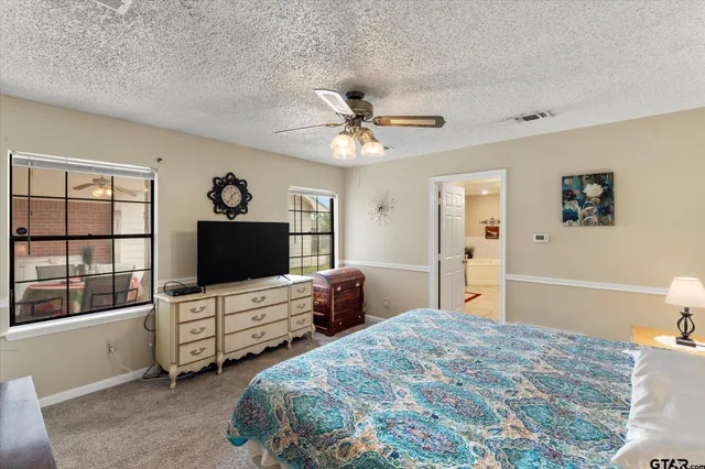 a bedroom with bed tv and window