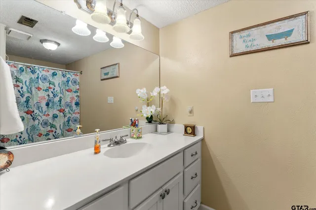 a bathroom with a sink a large mirror and a shower