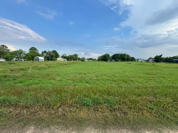 a view of a grassy field with trees and houses in the back