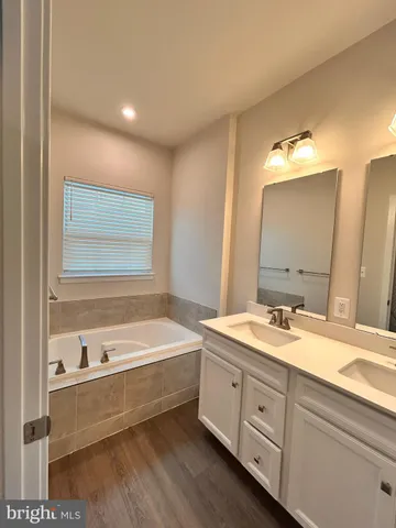 a bathroom with a double vanity sink and mirror with bathtub