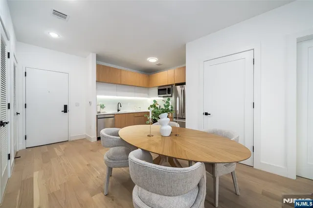 a view of a dining room with furniture