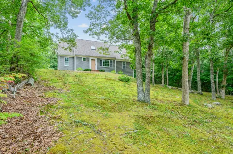 a view of a house with backyard and trees
