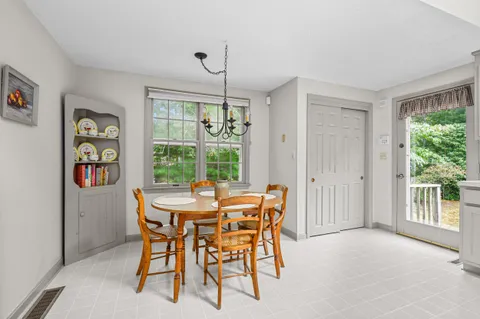 a view of a dining room with furniture window and outside view