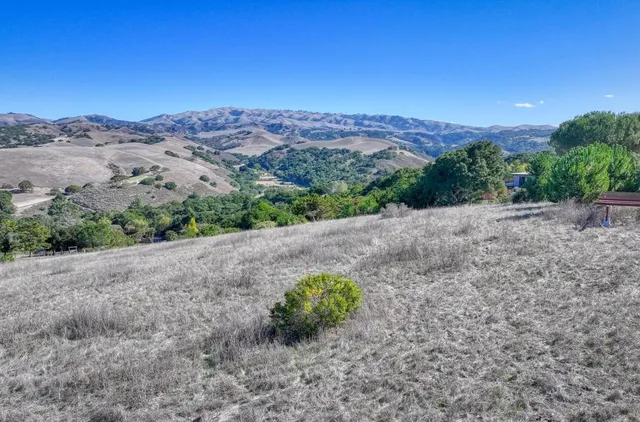 a view of a dry field with mountains in the background