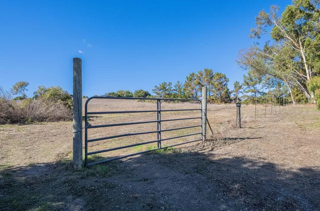 a view of a wooden fence with a yard
