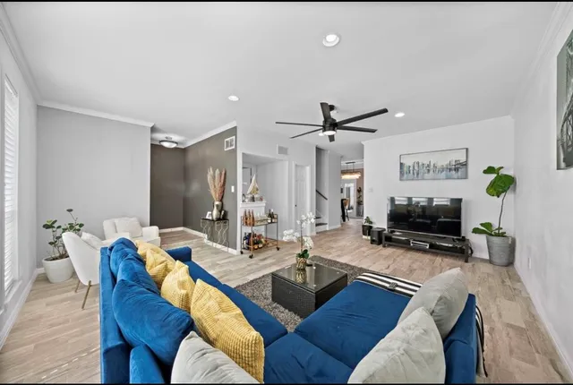 a view of a dining room with furniture