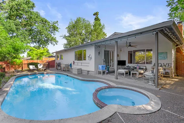 a view of a swimming pool with back yard