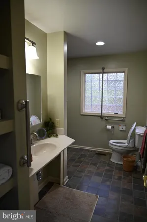 a bathroom with a sink a toilet and mirror