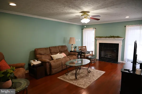 a living room with furniture a fireplace and a ceiling fan