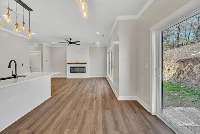 a view of a kitchen from the hallway with a fireplace and wooden floor