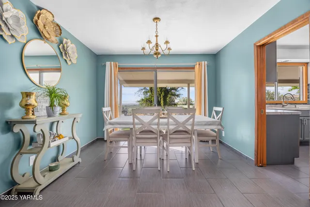 a view of a dining room with furniture window and outside view