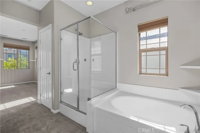 a bathroom with a bathtub and a shower