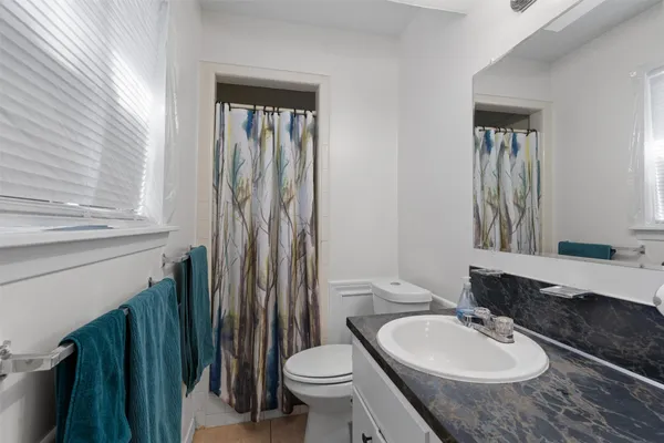 a bathroom with a sink a toilet and shower curtain