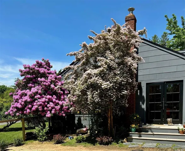 a front view of a house with a tree