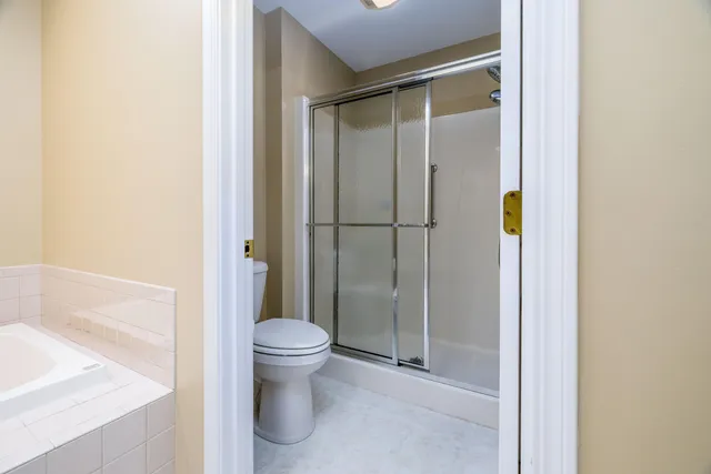 a bathroom with a shower and a toilet