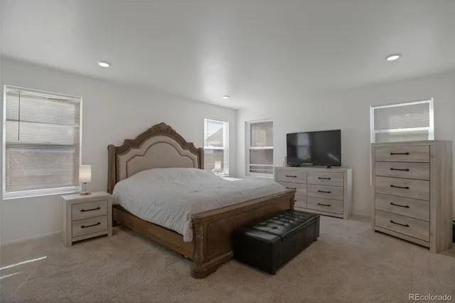 a bedroom with a bed and a television