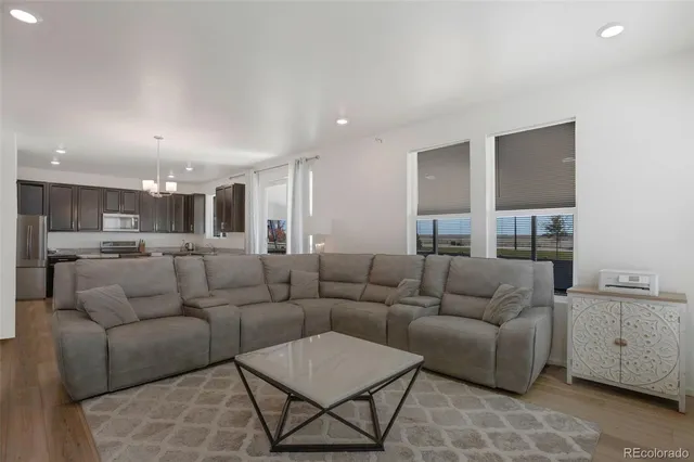 a living room with furniture and a view of kitchen