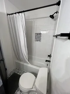 a white toilet sitting next to a bath tub