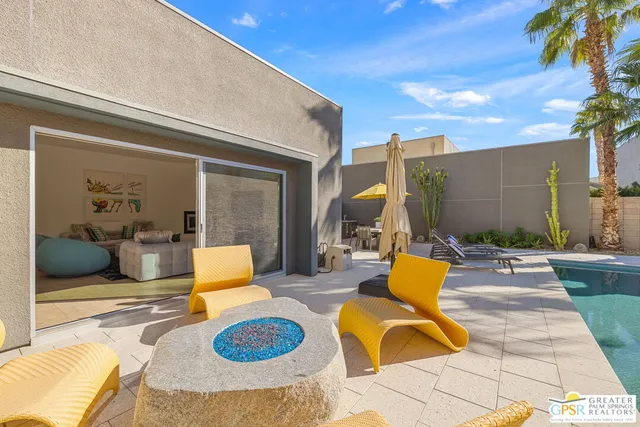 a building outdoor space with patio furniture