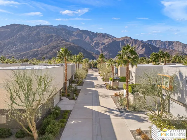 a view of a patio with a mountain view