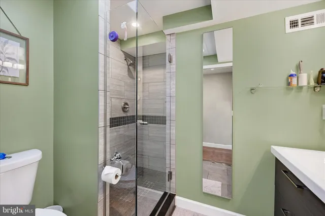 a bathroom with a shower and a toilet