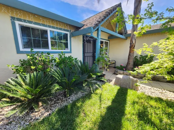 a front view of a house with a yard and potted plants