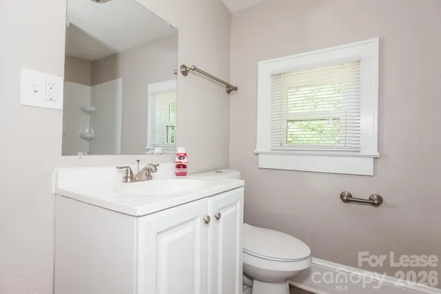 a bathroom with a sink toilet vanity and a window