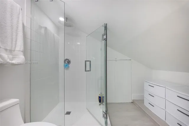 a bathroom with a shower and a toilet