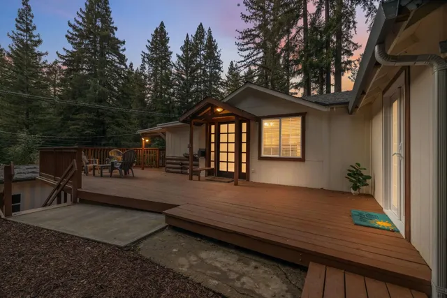 an outdoor space with furniture