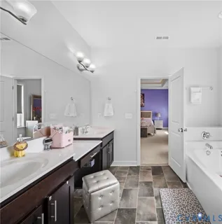a bathroom with a sink double vanity and a bathtub