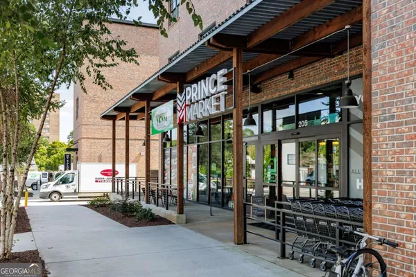 a building outdoor space with seating space