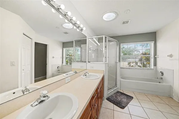 a bathroom with a tub sink and mirror