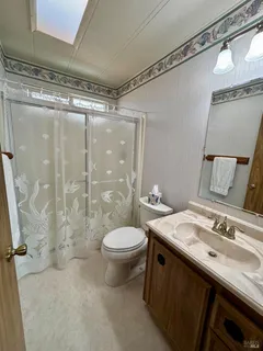 a bathroom with a double vanity sink toilet and shower