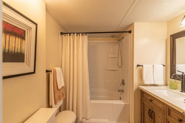 a bathroom with a granite countertop sink toilet and shower