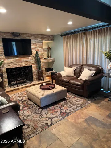 a view of a dining room with furniture