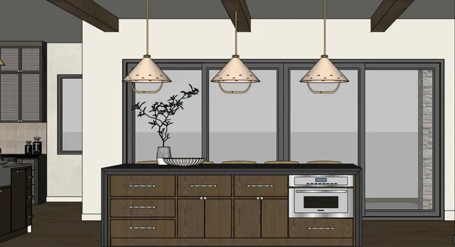 a front view of a kitchen with stove and cabinets