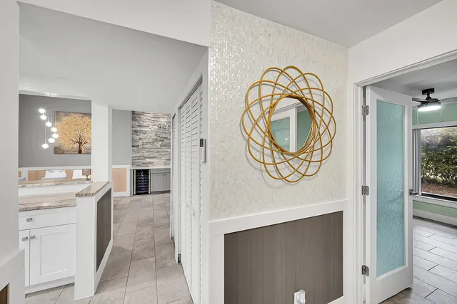 a bathroom with a shower and a sink